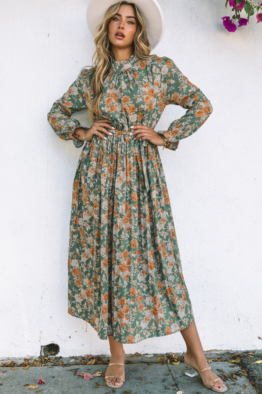Green Frill Neck Boho Floral Print Pleated Belted Maxi Dress - Godly Clothing Attires